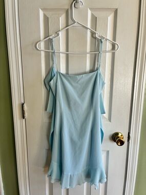 Lucy in the Sky Light Blue Ruffle-Hem Spaghetti Strap Mini Dress